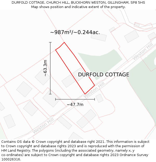 DURFOLD COTTAGE, CHURCH HILL, BUCKHORN WESTON, GILLINGHAM, SP8 5HS: Plot and title map