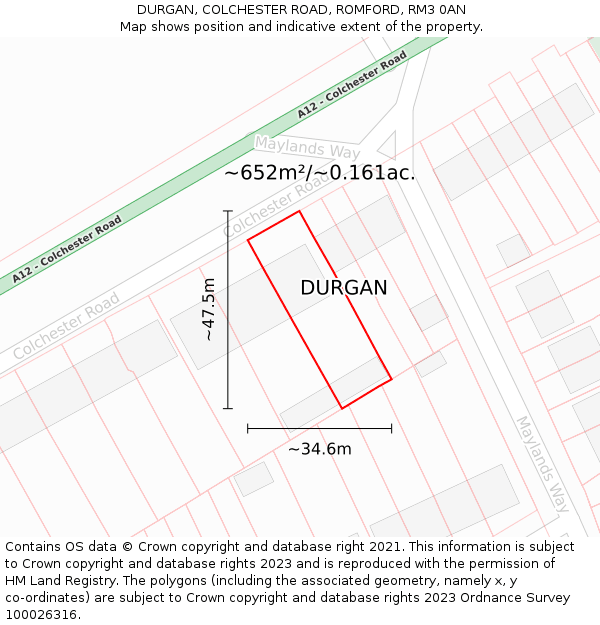 DURGAN, COLCHESTER ROAD, ROMFORD, RM3 0AN: Plot and title map