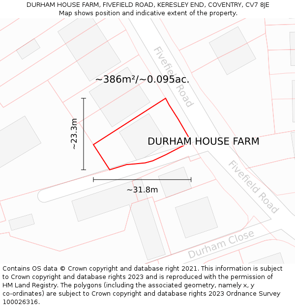 DURHAM HOUSE FARM, FIVEFIELD ROAD, KERESLEY END, COVENTRY, CV7 8JE: Plot and title map