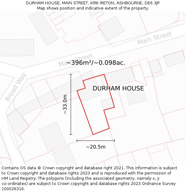 DURHAM HOUSE, MAIN STREET, KIRK IRETON, ASHBOURNE, DE6 3JP: Plot and title map