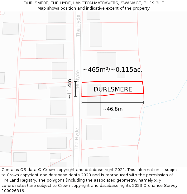 DURLSMERE, THE HYDE, LANGTON MATRAVERS, SWANAGE, BH19 3HE: Plot and title map