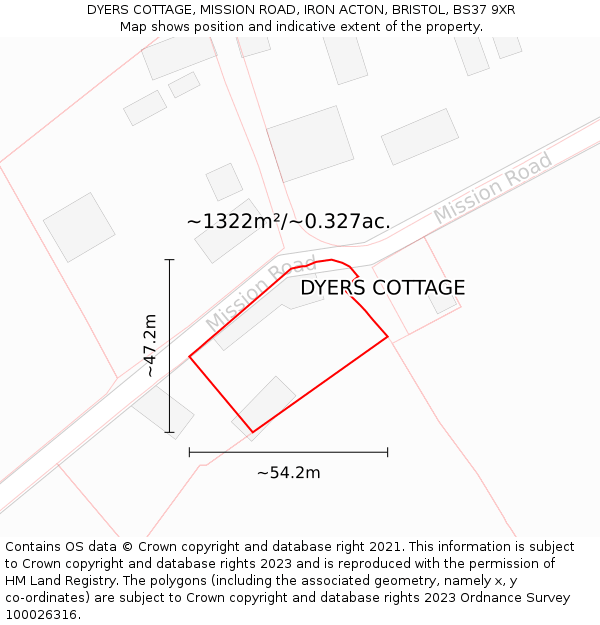 DYERS COTTAGE, MISSION ROAD, IRON ACTON, BRISTOL, BS37 9XR: Plot and title map