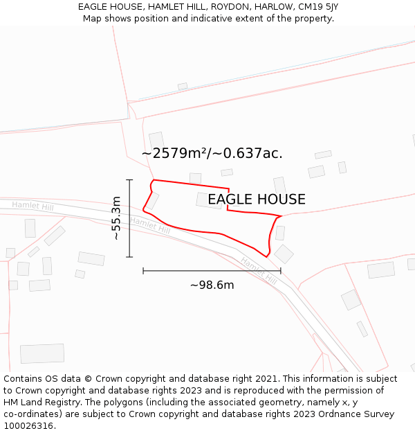 EAGLE HOUSE, HAMLET HILL, ROYDON, HARLOW, CM19 5JY: Plot and title map