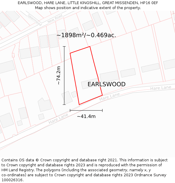 EARLSWOOD, HARE LANE, LITTLE KINGSHILL, GREAT MISSENDEN, HP16 0EF: Plot and title map