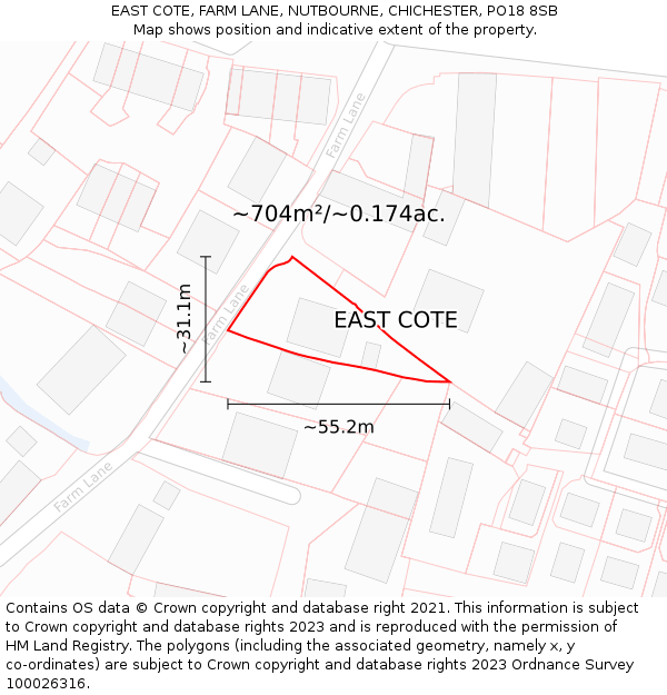 EAST COTE, FARM LANE, NUTBOURNE, CHICHESTER, PO18 8SB: Plot and title map