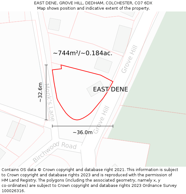 EAST DENE, GROVE HILL, DEDHAM, COLCHESTER, CO7 6DX: Plot and title map