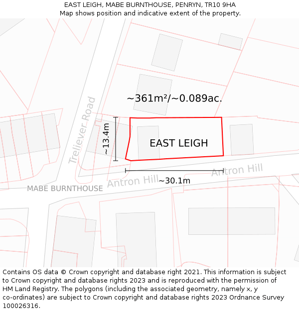 EAST LEIGH, MABE BURNTHOUSE, PENRYN, TR10 9HA: Plot and title map