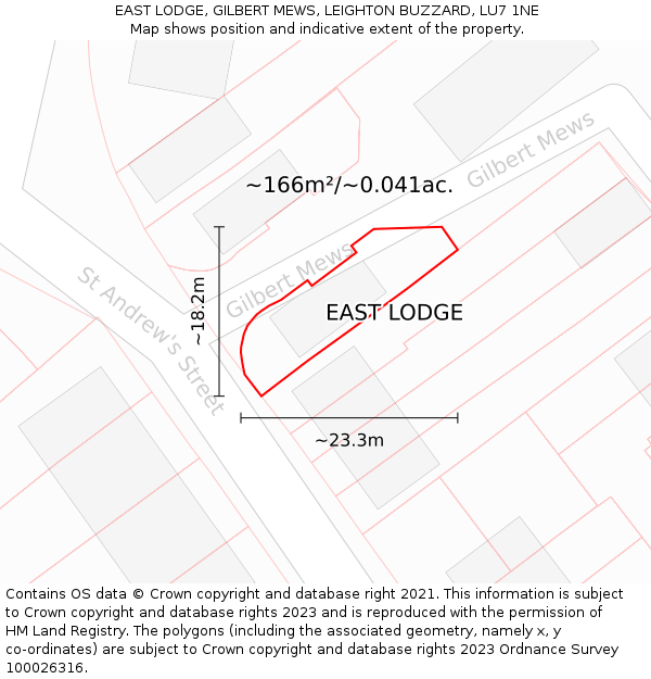 EAST LODGE, GILBERT MEWS, LEIGHTON BUZZARD, LU7 1NE: Plot and title map