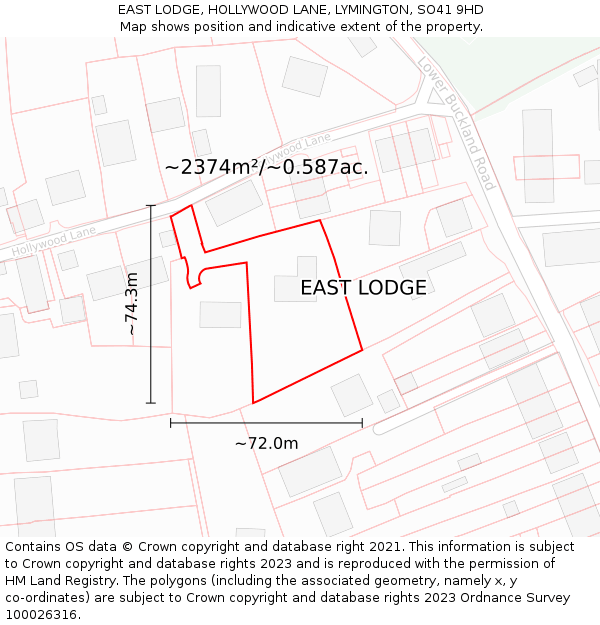 EAST LODGE, HOLLYWOOD LANE, LYMINGTON, SO41 9HD: Plot and title map