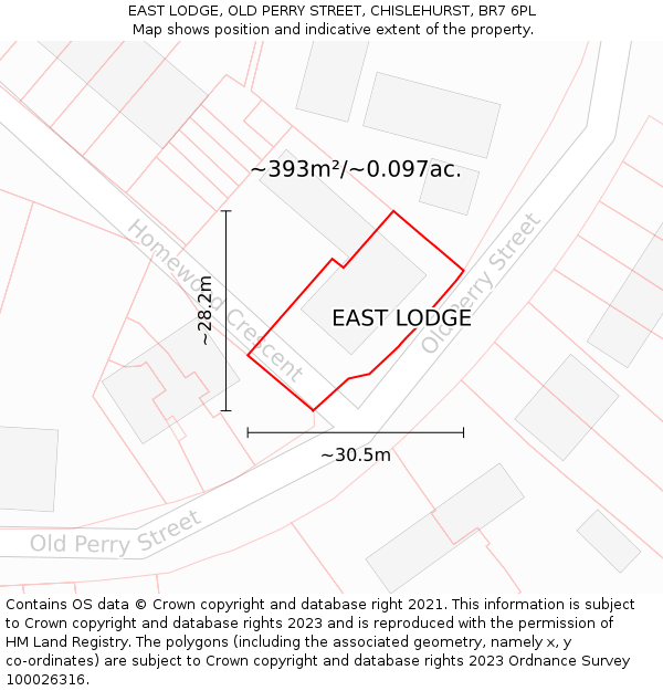 EAST LODGE, OLD PERRY STREET, CHISLEHURST, BR7 6PL: Plot and title map