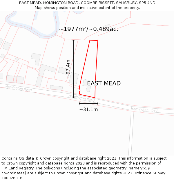 EAST MEAD, HOMINGTON ROAD, COOMBE BISSETT, SALISBURY, SP5 4ND: Plot and title map