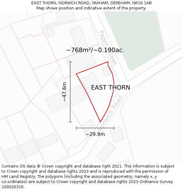 EAST THORN, NORWICH ROAD, YAXHAM, DEREHAM, NR19 1AB: Plot and title map