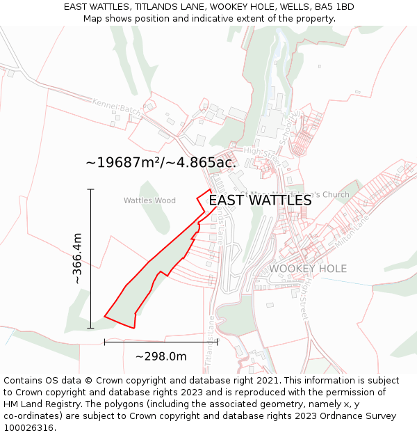 EAST WATTLES, TITLANDS LANE, WOOKEY HOLE, WELLS, BA5 1BD: Plot and title map