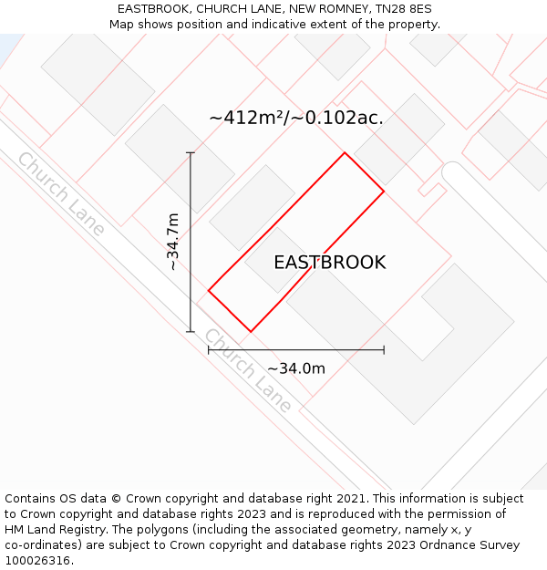 EASTBROOK, CHURCH LANE, NEW ROMNEY, TN28 8ES: Plot and title map