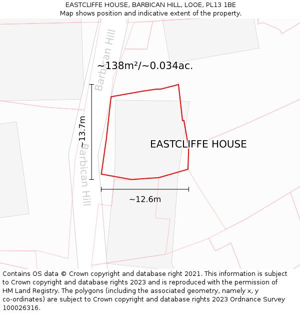 EASTCLIFFE HOUSE, BARBICAN HILL, LOOE, PL13 1BE: Plot and title map