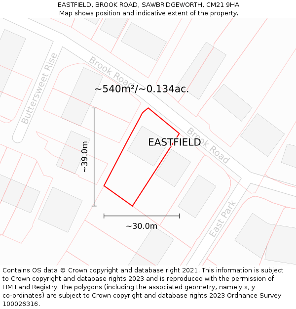 EASTFIELD, BROOK ROAD, SAWBRIDGEWORTH, CM21 9HA: Plot and title map