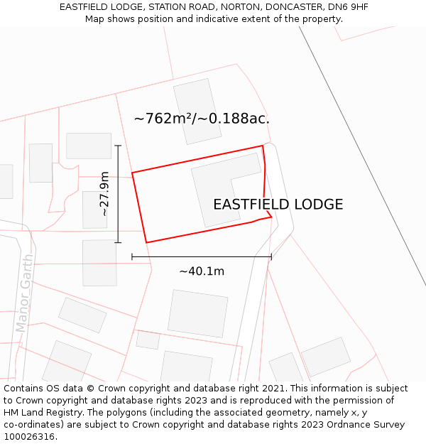 EASTFIELD LODGE, STATION ROAD, NORTON, DONCASTER, DN6 9HF: Plot and title map