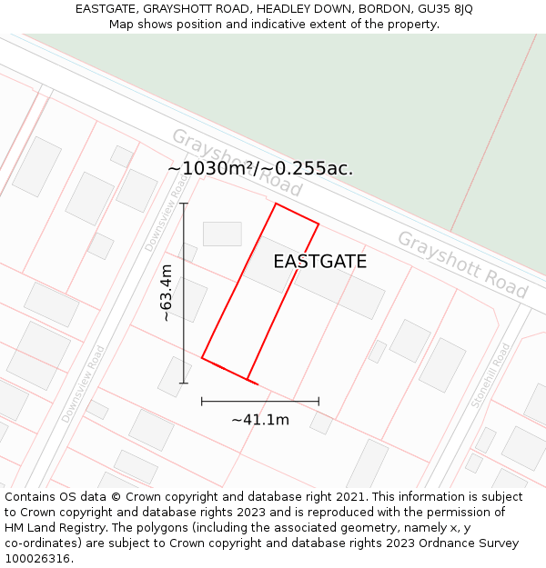 EASTGATE, GRAYSHOTT ROAD, HEADLEY DOWN, BORDON, GU35 8JQ: Plot and title map