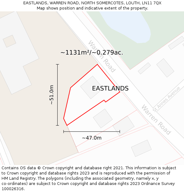 EASTLANDS, WARREN ROAD, NORTH SOMERCOTES, LOUTH, LN11 7QX: Plot and title map