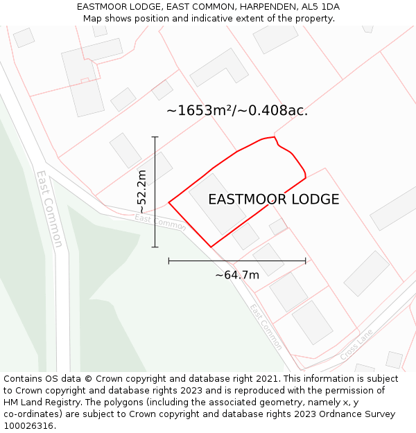 EASTMOOR LODGE, EAST COMMON, HARPENDEN, AL5 1DA: Plot and title map