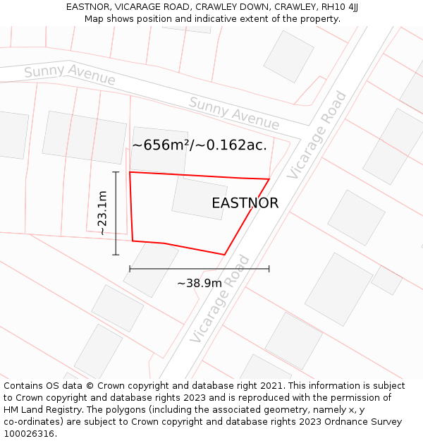 EASTNOR, VICARAGE ROAD, CRAWLEY DOWN, CRAWLEY, RH10 4JJ: Plot and title map