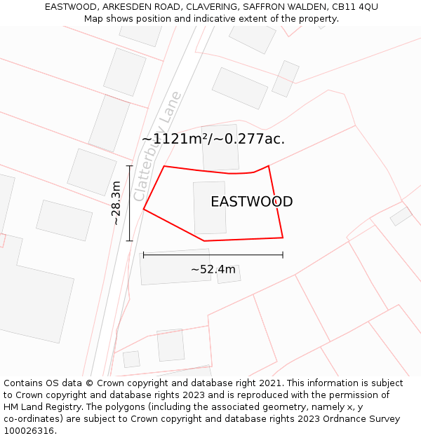 EASTWOOD, ARKESDEN ROAD, CLAVERING, SAFFRON WALDEN, CB11 4QU: Plot and title map