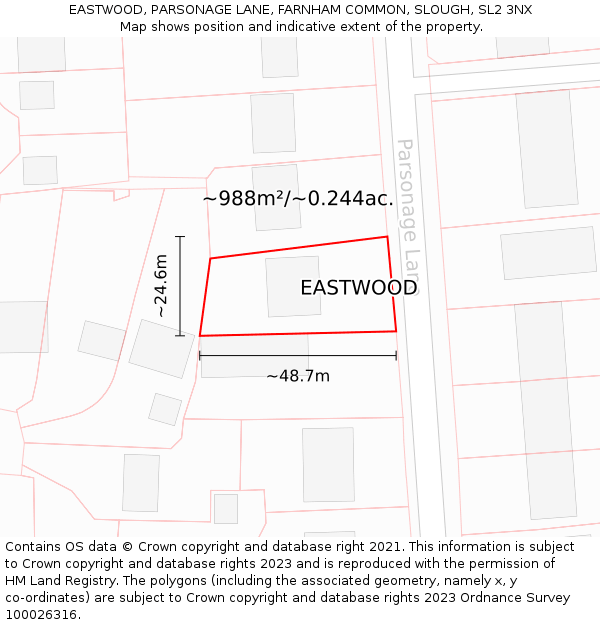 EASTWOOD, PARSONAGE LANE, FARNHAM COMMON, SLOUGH, SL2 3NX: Plot and title map