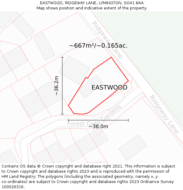 EASTWOOD, RIDGEWAY LANE, LYMINGTON, SO41 8AA: Plot and title map