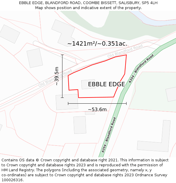EBBLE EDGE, BLANDFORD ROAD, COOMBE BISSETT, SALISBURY, SP5 4LH: Plot and title map