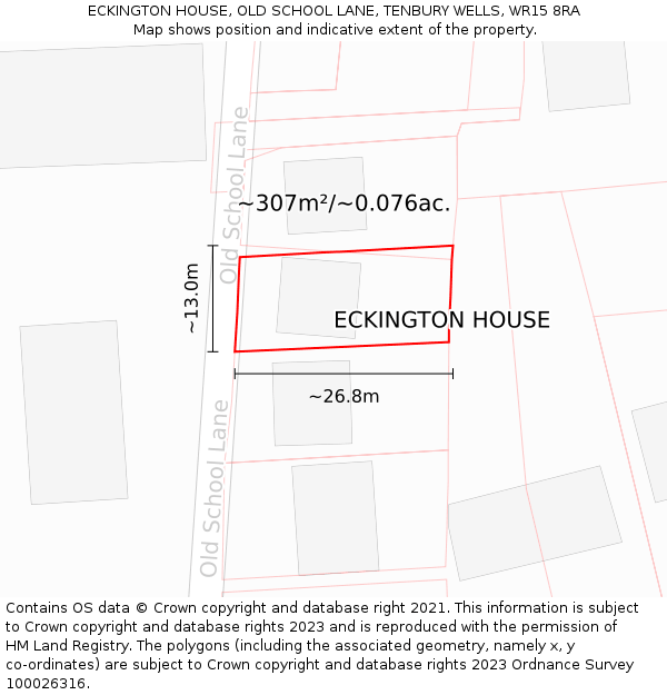 ECKINGTON HOUSE, OLD SCHOOL LANE, TENBURY WELLS, WR15 8RA: Plot and title map