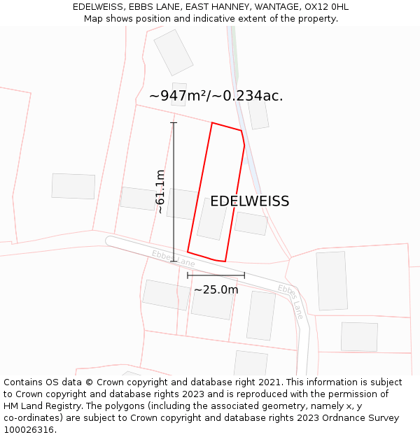 EDELWEISS, EBBS LANE, EAST HANNEY, WANTAGE, OX12 0HL: Plot and title map