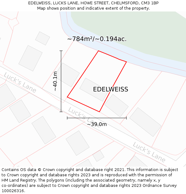 EDELWEISS, LUCKS LANE, HOWE STREET, CHELMSFORD, CM3 1BP: Plot and title map