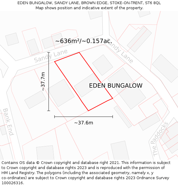 EDEN BUNGALOW, SANDY LANE, BROWN EDGE, STOKE-ON-TRENT, ST6 8QL: Plot and title map