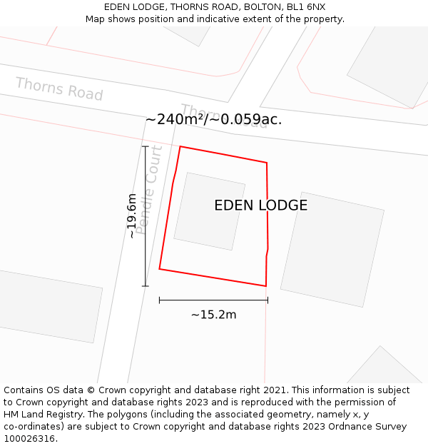 EDEN LODGE, THORNS ROAD, BOLTON, BL1 6NX: Plot and title map
