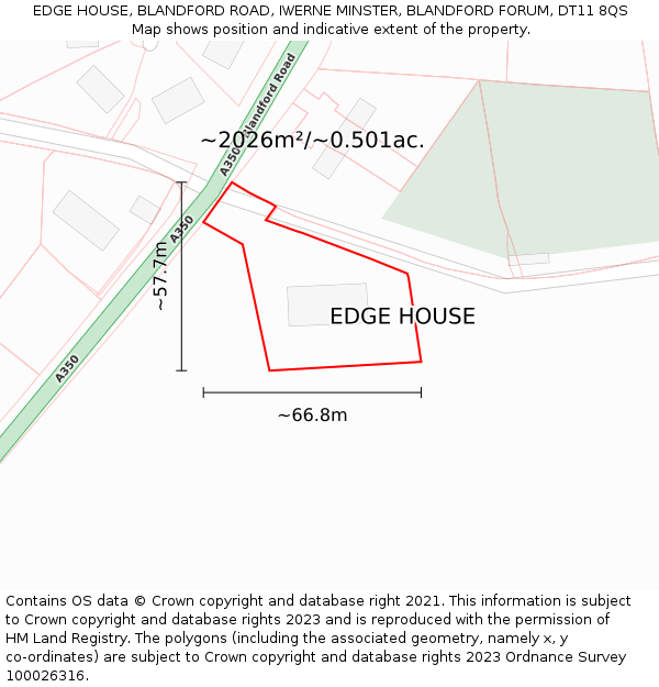 EDGE HOUSE, BLANDFORD ROAD, IWERNE MINSTER, BLANDFORD FORUM, DT11 8QS: Plot and title map
