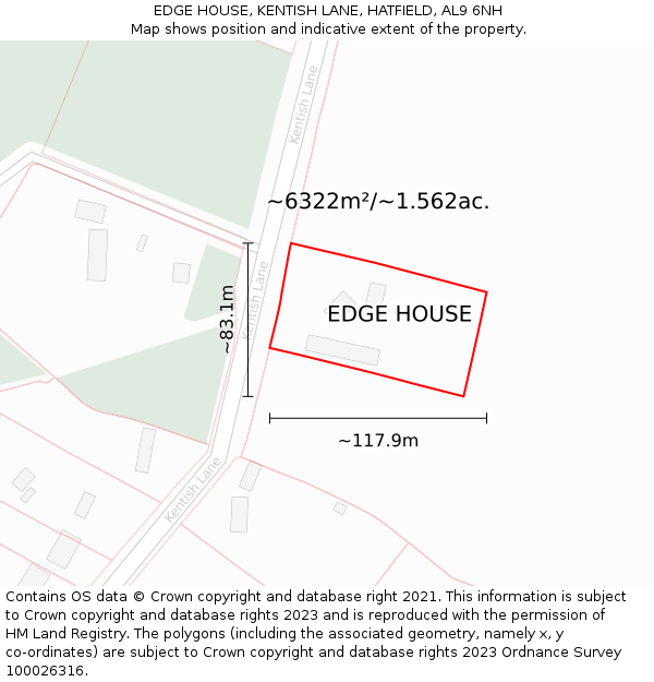 EDGE HOUSE, KENTISH LANE, HATFIELD, AL9 6NH: Plot and title map