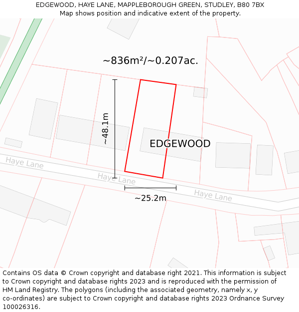 EDGEWOOD, HAYE LANE, MAPPLEBOROUGH GREEN, STUDLEY, B80 7BX: Plot and title map