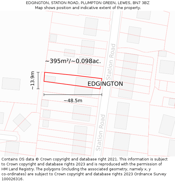 EDGINGTON, STATION ROAD, PLUMPTON GREEN, LEWES, BN7 3BZ: Plot and title map