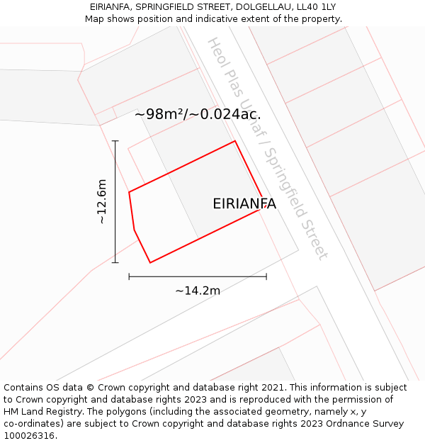 EIRIANFA, SPRINGFIELD STREET, DOLGELLAU, LL40 1LY: Plot and title map