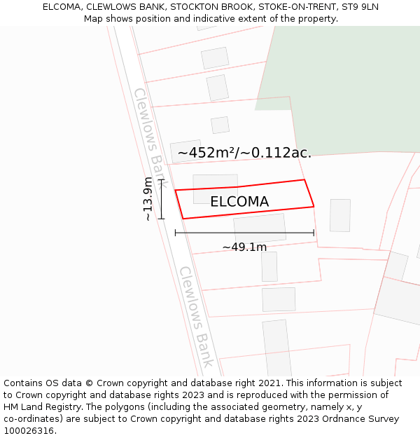 ELCOMA, CLEWLOWS BANK, STOCKTON BROOK, STOKE-ON-TRENT, ST9 9LN: Plot and title map