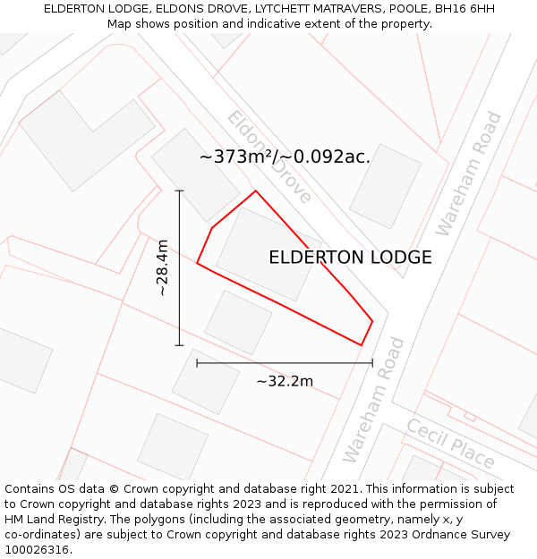 ELDERTON LODGE, ELDONS DROVE, LYTCHETT MATRAVERS, POOLE, BH16 6HH: Plot and title map
