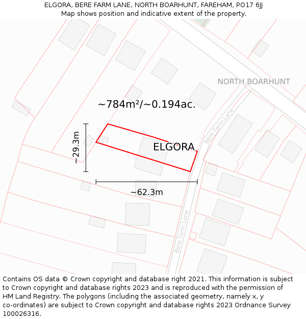 ELGORA, BERE FARM LANE, NORTH BOARHUNT, FAREHAM, PO17 6JJ: Plot and title map