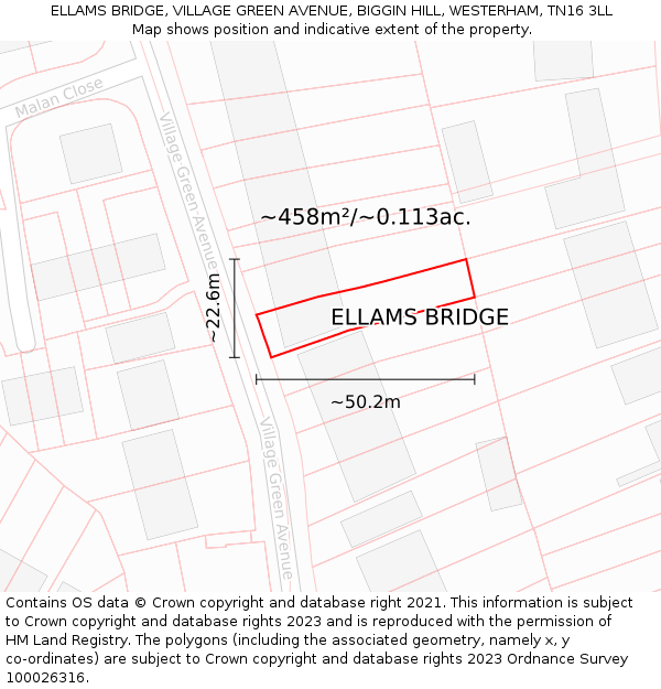 ELLAMS BRIDGE, VILLAGE GREEN AVENUE, BIGGIN HILL, WESTERHAM, TN16 3LL: Plot and title map