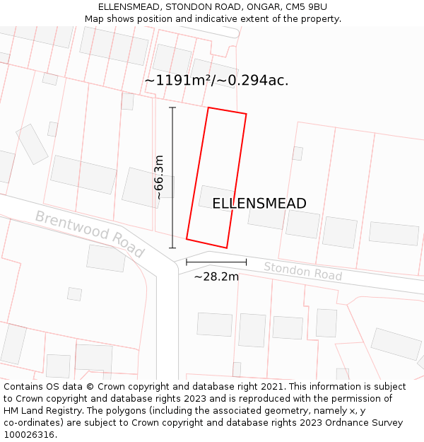 ELLENSMEAD, STONDON ROAD, ONGAR, CM5 9BU: Plot and title map