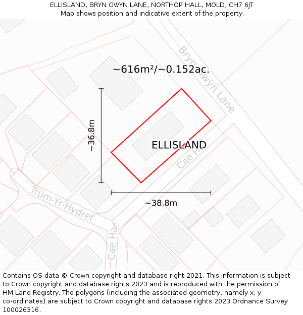 ELLISLAND, BRYN GWYN LANE, NORTHOP HALL, MOLD, CH7 6JT: Plot and title map