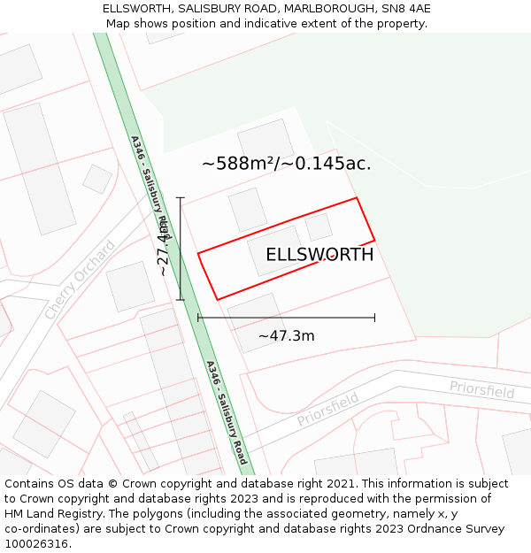 ELLSWORTH, SALISBURY ROAD, MARLBOROUGH, SN8 4AE: Plot and title map