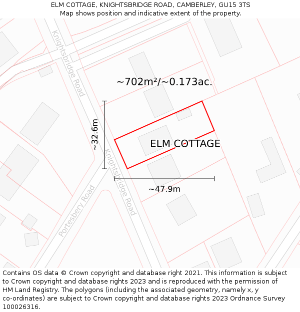 ELM COTTAGE, KNIGHTSBRIDGE ROAD, CAMBERLEY, GU15 3TS: Plot and title map