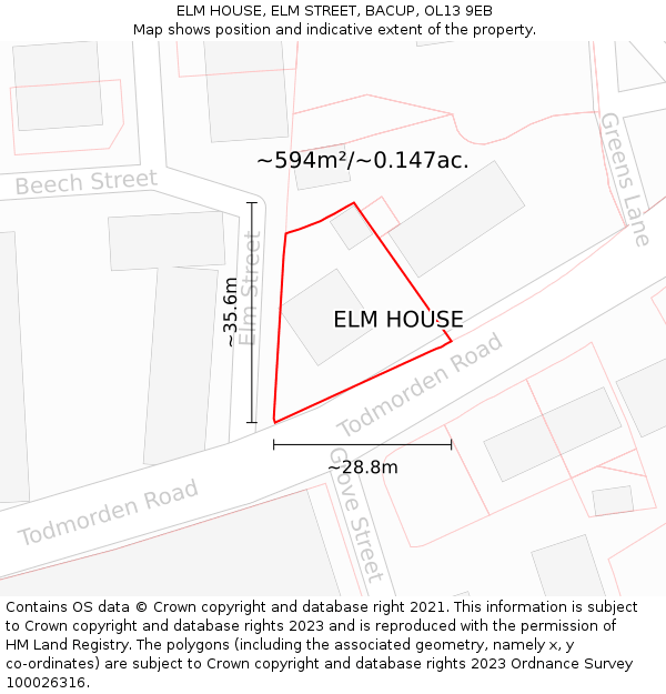ELM HOUSE, ELM STREET, BACUP, OL13 9EB: Plot and title map