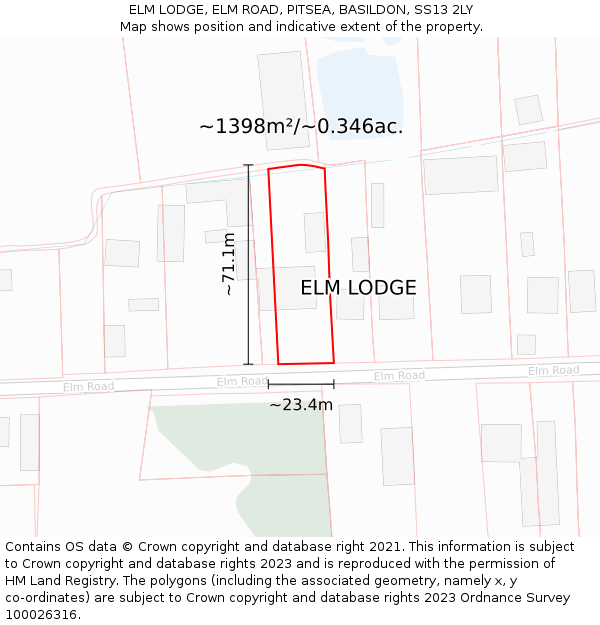 ELM LODGE, ELM ROAD, PITSEA, BASILDON, SS13 2LY: Plot and title map