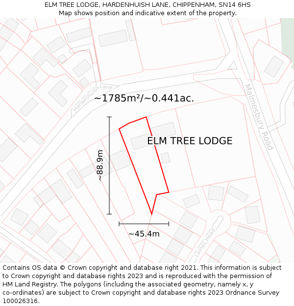 ELM TREE LODGE, HARDENHUISH LANE, CHIPPENHAM, SN14 6HS: Plot and title map